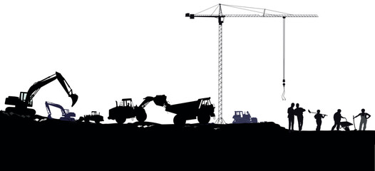 Baustelle mit Baumaschinen, Bauarbeitern und Architekten Illustration Adobe Illustrator Artwork