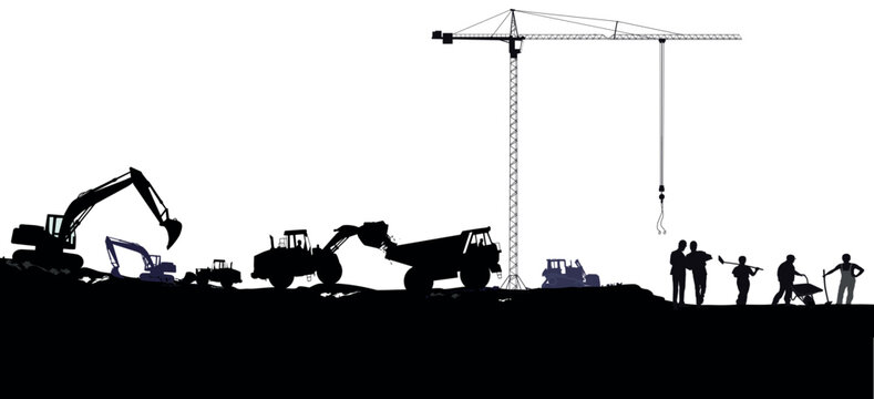 Baustelle mit Baumaschinen, Bauarbeitern und Architekten Illustration Adobe Illustrator Artwork