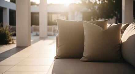 Outdoor patio furniture with beige cushions in sunlight