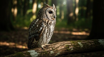 Fototapeta premium Owl perched on woodland branch, soft light