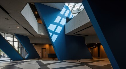 Modern architectural interior with blue geometric design elements creating a dynamic and visually striking space suitable for corporate or commercial use