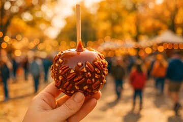 Close-up of a person hand holding a caramel apple glossy and studded with pecans.