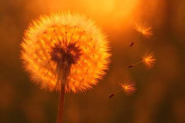 A macro shot of a single fluffy dandelion seed head backlit by the warm sun.
