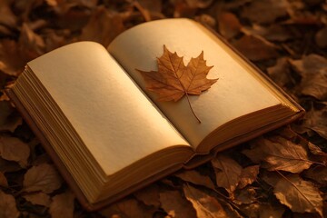 A detailed shot of an open leather-bound book resting on a bed of fallen leaves.