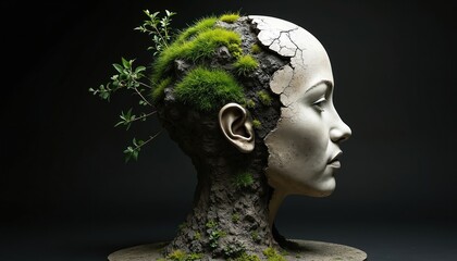 Sculpture merges human face with cracked earth and growing plants. Moss covers rough terrain integrated with smooth skin texture. Nature grows from head, symbolizing life and renewal.