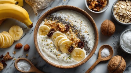 Overhead view of a smoothie bowl with fresh fruit and toppings