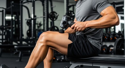 Obraz premium Man using massage gun on leg in gym for muscle recovery.