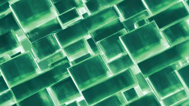 Abstract composition of translucent green cubes, overlapping and creating a textured, layered pattern