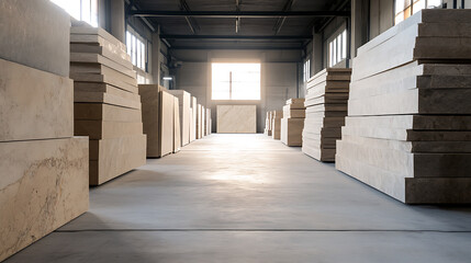 Interior warehouse view showcasing rows of stacked stone or marble slabs, illuminated by natural light streaming through distant windows.