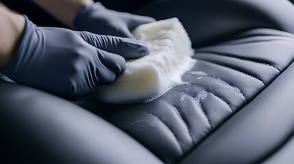 Obraz premium Leather Seat Cleaning: Gloved hands meticulously clean a textured leather seat with a soapy sponge. Focus on detailing and maintenance for a pristine interior.
