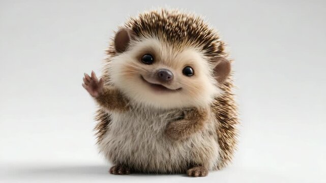 Cute hedgehog with big eyes and a happy face waving, in a realistic style, on a white studio background. Concept of friendliness and joy