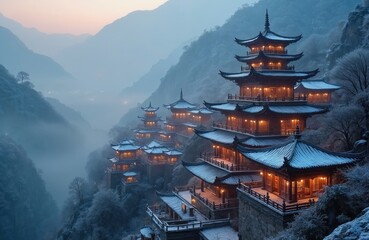 Ancient Asian village temples nestled in misty, snow-covered mountain valley. Traditional pagoda architecture buildings glow with warm light at dawn dusk, illuminating frosted peaks. Winter landscape