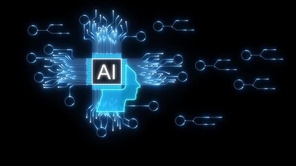 Modern artificial intelligence head profile and , AI brain circuit glowing blue on digital network, Futuristic artificial intelligence head design with smart processing system. - Powered by Adobe