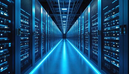 Rows of server racks with blue LED lights illuminate long, dark corridor within modern data center facility. Digital information flows through advanced computer systems, complex network