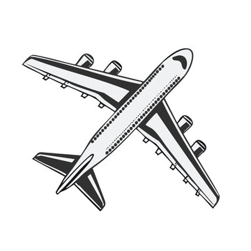 Vector illustration of four-engine passenger jet aircraft with turbine engines under the wings in flight, aviation transport design
