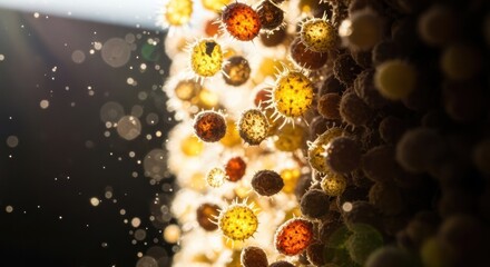 A cluster of glowing, colorful, spherical objects with a dark, blurred background.