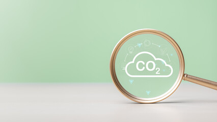 carbon, footprint, tracker, co2, Magnifying glass focusing on a CO₂ cloud icon symbolizes carbon...