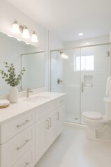 Fototapeta premium Modern bathroom interior featuring white vanity and bright shower area