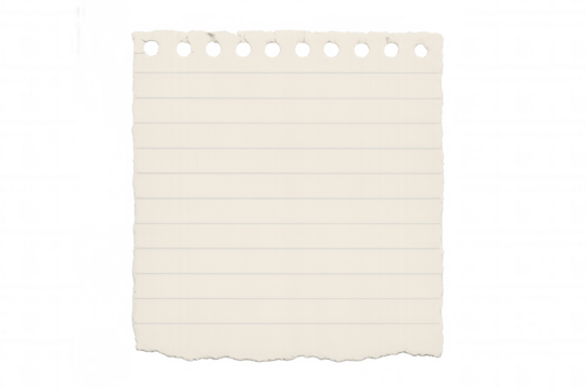 Torn blank ruled paper with punched holes from a spiral notebook, a memory note or message background, transparent