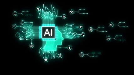 Artificial intelligence brain circuit network connections digital technology concept with icons .Futuristic AI brain head silhouette glowing teal, Modern artificial intelligence profile . - Powered by Adobe