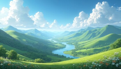 Obraz premium Green rolling hills and mountains surround blue river flowing through deep valley. Fluffy white clouds fill bright blue sky. Wildflowers grow in grass foreground. Serene nature scenery landscape.