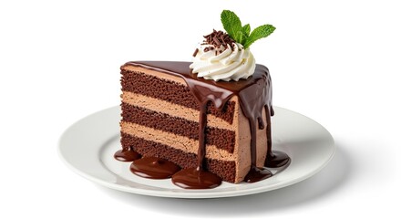Decadent Chocolate Cake Slice with Whipped Cream and Mint Garnish