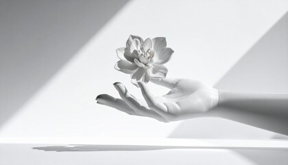 Minimalist white hand sculpture gently holding a flower, pure white background with elegant shadows.