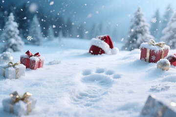 Christmas gifts and Santa hat in a snowy winter wonderland scene