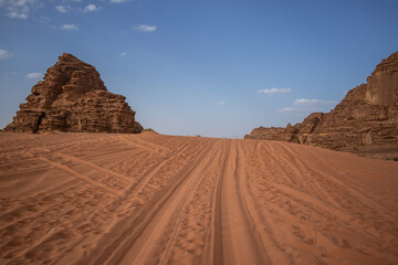 Wadi Rum with Beautiful Sand and Rock Formation in Southern Jordan. Stone and Sandy Surface in the Middle East.