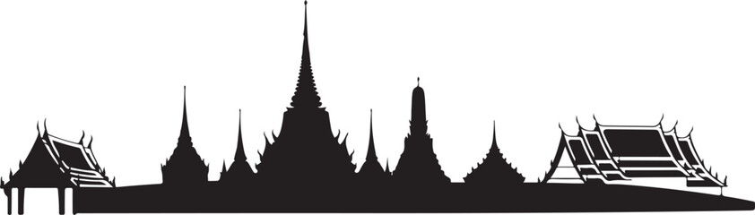 Traditional Temple Silhouette Design: Thai or Southeast Asian Architecture with Spires and Roofs