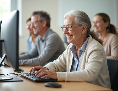 Elderly woman smiles learning computer skills. Older adults at computers in class, enjoying lessons. Seniors gain tech knowledge at training.