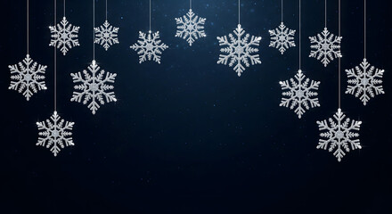 Elegant hanging snowflakes on a dark blue background for winter holidays