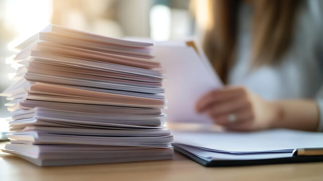 Overwhelmed by paperwork? A stack of documents sits beside a person reviewing additional files. Focus on organization and document management.