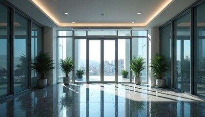 Fototapeta premium Modern office entrance lobby with floor to ceiling glass doors, windows. Large potted plants line hallway, reflecting light off polished floor. Bright daylight illuminates clean space, offering pro,