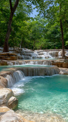 Naklejka premium waterfall cascading into turquoise pool surrounded by lush green tropical forest