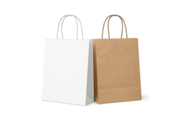 Two paper shopping bags, white and kraft, PNG transparent background