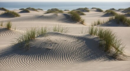 Sandy Dune Landscape with Green Grass and Ocean Horizon