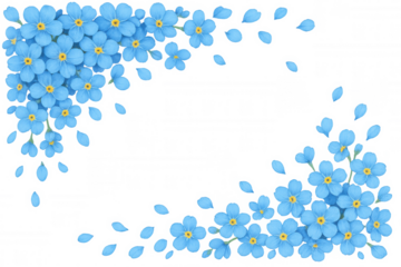 Forget-me-not flowers forming corners border with blue petals falling, watercolor botanical drawing