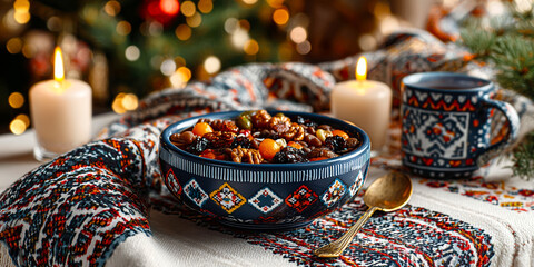 Fototapeta premium A traditional Christmas table setting featuring kutia, a bowl of sweet grain dish with nuts and fruits, surrounded by candles and festive decorations.