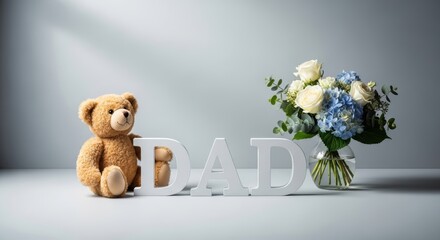A soft and heartwarming composition featuring a teddy bear sitting beside large white letters spelling &ldquo;DAD,&rdquo; accompanied by a beautiful bouquet of blue and white flowers in a glass vase