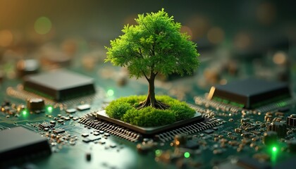 Green tree grows on microchip representing eco friendly tech. Digital illustration connection between nature, computing. Concept shows green computing environment, sustainable innovation for better