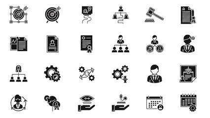 Comprehensive collection of business strategy, management, and legal process icons for modern corporate and administrative designs