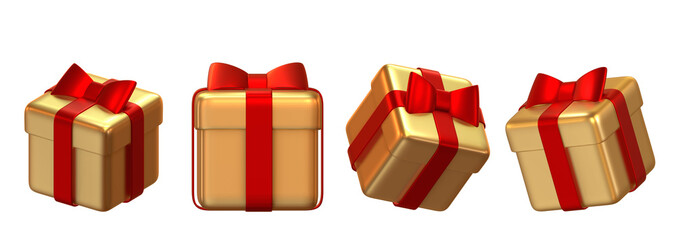 Set of golden gift boxes for surprise and celebration, 3D illustration isolated on transparent background.