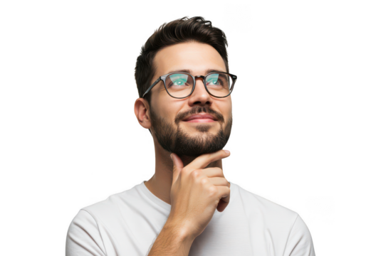 Thoughtful man wearing glasses and white t-shirt pondering an idea with a smile transparent background - Powered by Adobe