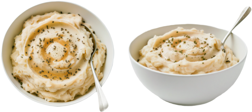 A white bowl filled with creamy mashed potatoes, generously topped with savory gravy or melted butter and fresh seasoning.