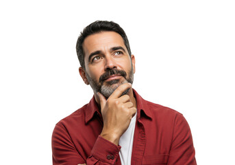 Fototapeta premium Man pondering deeply with hand on chin considering a thoughtful decision transparent background