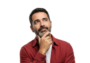 Man pondering deeply with hand on chin considering a thoughtful decision transparent background