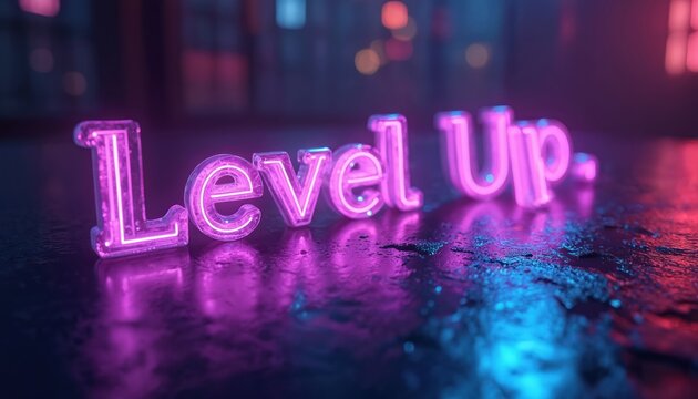 Glowing neon text Level Up shines in purple pink hues. Reflections appear on wet dark surface. Futuristic, gaming, digital art, inspiration.
