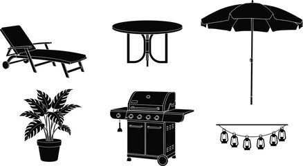 Black silhouette vector of patio furniture, sun lounger, outdoor table, garden umbrella, barbecue grill, potted plant, string lights illustration