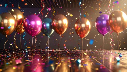 Colorful Birthday Background Setup with Balloons and Confetti